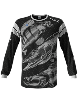 Una camiseta larga con mangas negra con un diseño de peces y la inscripción 'Franz' de owayo.