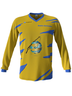 Una camiseta con mangas largas amarilla con detalles azules y un diseño de red de pesca en el pecho. La camiseta lleva el nombre 'owayo'.