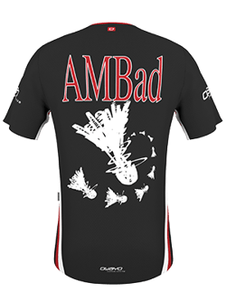 A black sports shirt with the text 'AMBAD' on the back and a graphic of badminton rackets. The logo for the company 'owayo' is at the bottom of the shirt.