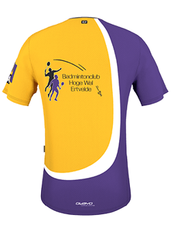 A yellow and purple jersey with a badminton player on the back. The logo of the Badminton club Hoge Wal Ertvede is also displayed.