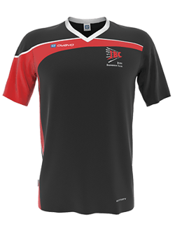 A black and red jersey with the logo of the Jury Badminton Club on the chest.
