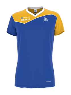 A blue and yellow sports jersey for the badminton club Niebali by Owayo.