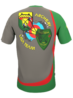 Back view of a gray, green and red sports jersey featuring the 'ARCHERY LIGA TEAM' print and an archery logo.