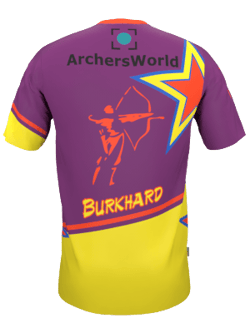 Back view of a purple-yellow sports jersey featuring an archer and the text 'Burkhard' along with the 'ArchersWorld' logo.