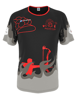 A black short-sleeved T-shirt with red and grey graphics depicting an archer and arrows, along with a logo on the chest.