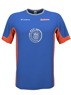 A blue short-sleeved sport jersey with orange accents on sleeves and sides, a round collar, and a circular logo on the chest featuring the text 'RSV'.