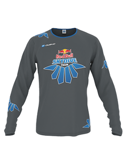 A grey long-sleeve shirt by owayo featuring the Red Bull Skydive Team logo, blue accents, and a parachute design.
