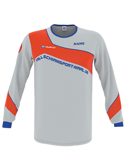 A gray long-sleeve sport shirt with orange and blue accents, featuring 'FALLSCHIRMSPORT-MARL.DE' and 'NAME'.