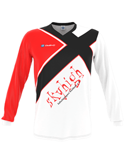 A long-sleeved white sports jersey with red and black graphic elements and the word 'skyhigh' on the chest.