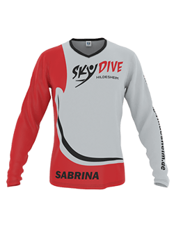 A red and grey long-sleeve sport shirt featuring the 'SKY DIVE HILDESHEIM' logo and the name 'SABRINA' on the front.