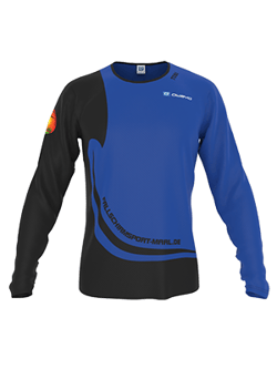 A blue and black long-sleeve sport shirt with a blue stripe and a logo on the chest.
