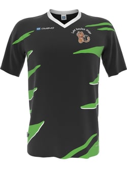 Un maillot de sport noir avec des motifs verts en forme de vagues, un col en V et le logo 'Les boules dogs' représentant un chien tenant une boule sur la poitrine. Le logo 'owayo' est visible sur l'épaule gauche.