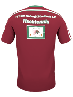 Ein rotes T-Shirt mit der Aufschrift 'TV 1904 Coburg-Lützelbuch e.V. Tischtennis' und einem Logo für die Tischtennisabteilung.