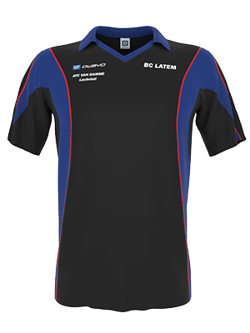 Ein schwarzes Tischtennis-Shirt mit blauen und roten Akzenten, das die Aufschrift 'BC Latem' trägt.