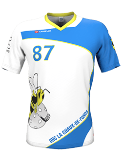 A jersey with the number 87 and a bee logo on the front. The jersey is white, blue, and yellow and bears the inscription 'UHC La Chaux-de-Fonds'.