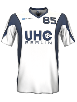 A white jersey with blue accents and the text 'UHC Berlin' along with the number field '85'. The jersey features the brand 'owayo'.