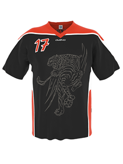 A black hockey jersey with orange accents and a tiger motif on the front. The jersey has the number 17.