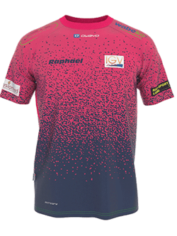 Een roze-blauw gestippeld MTB-trikot met sponsorlogos en de naam Raphael op de borst.