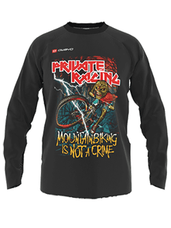 Een zwart lang mouw shirt met een opvallende print van een mountainbiker en de tekst 'PRIVATE RACING' en 'MOUNTAINBIKING IS NOT A CRIME'.