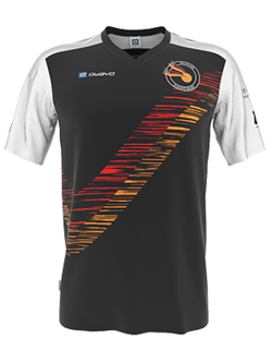 Ein schwarzes, weißes und orangefarbenes Sporttrikot mit einem diagonalen Muster und einem Logo auf der Brust, das eine Quidditch-Szene darstellt.