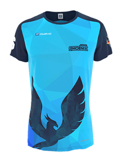 Ein türkisfarbenes, kurzärmeliges Sporttrikot mit dunkelblauen Schultern und einem großen schwarzen Phönix-Logo auf der Vorderseite.