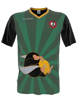 Ein grünes und schwarzes Sporttrikot mit einem gelben und schwarzen Quidditch-Teamlogo, das einen Natterkopf zeigt, auf einem grünen Hintergrund mit Strahlenmuster.