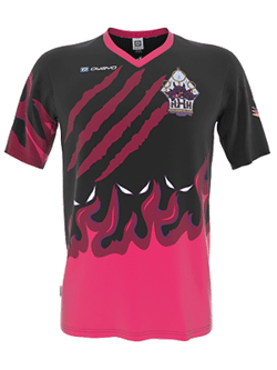 Ein schwarzes und pinkes Sporttrikot mit einem Flammenmuster und einem Wappen auf der Brust, das für ein Quidditch-Team entworfen wurde.