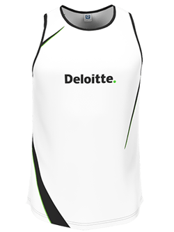 A white sleeveless sports singlet by owayo with black and green accents and the 'Deloitte.' logo on the chest.