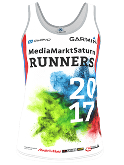 A white sleeveless running singlet by owayo featuring 'MediaMarktSaturn RUNNERS 2017' and colorful paint splatters.
