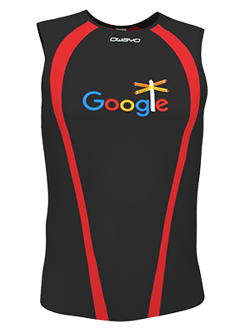 A black sleeveless athletic top with red side stripes and a Google logo with a dragonfly above it.