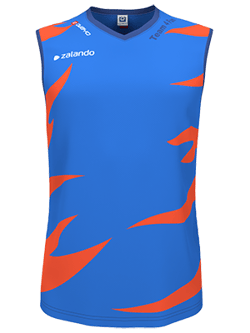 A blue sleeveless sports top with orange graphic patterns and the Zalando logo on the chest.