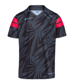 Ein schwarzes Dart-Shirt mit roten Streifen am Ärmel und einem grafischen Muster auf der Brust. Das Logo von 'owayo' ist sichtbar.