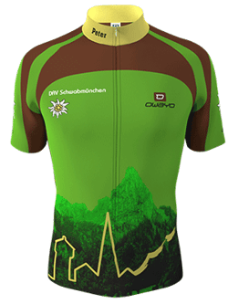 Een aangepast groen fietsshirt van owayo met bruine accenten, een bergmotief en de naam 'Peter' op de kraag.