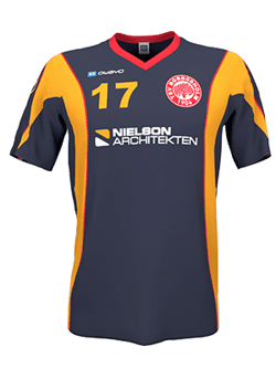 A dark blue football jersey with orange and red accents, the number 17 on the chest, a club crest, and the sponsor logo 'NIELSON ARCHITEKTEN'.