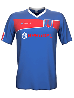 A blue football jersey with red accents, a white collar, and the Sprügel logo on the chest.
