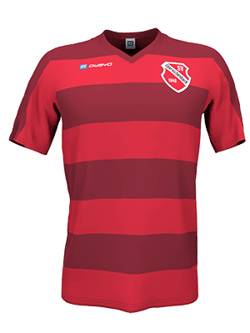 A red and dark red striped football jersey with short sleeves, a V-neck, and a crest on the chest.