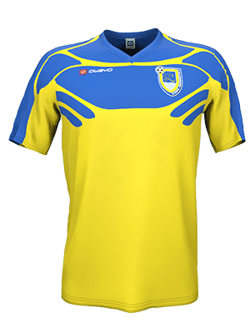 A yellow and blue football jersey with short sleeves, a V-neck, and a crest on the chest.