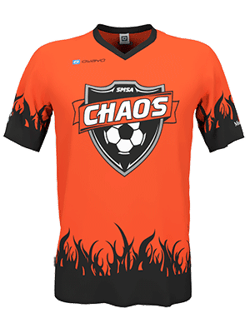 An orange, short-sleeved sports jersey from owayo with a black collar, black sleeves, and a flame pattern at the hem. The chest features a shield with the word 'CHAOS' and a soccer ball.