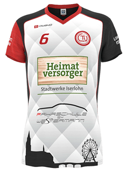Un maillot de handball blanc avec des accents rouges et noirs, affichant le numéro 6, le logo 'Heimat versorger', le texte 'Stadtwerke Iserlohn' et un paysage urbain stylisé avec une grande roue.
