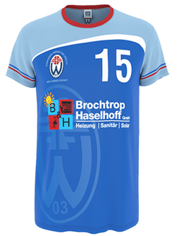 Un maillot de sport bleu à manches courtes avec le numéro 15 et le logo de Brochtrop Haselhoff, personnalisé par owayo.