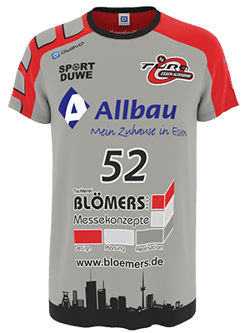 Un maillot de handball gris, rouge et noir avec le numéro 52, le logo Allbau et l'inscription 'My Home in Elbe', ainsi que le logo de Blömers Messekonzepte et une silhouette de ville en bas.