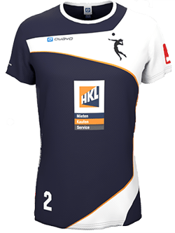 Un maillot de handball bleu marine et blanc de owayo avec le numéro 2, le logo HKL et une silhouette de joueur de handball.