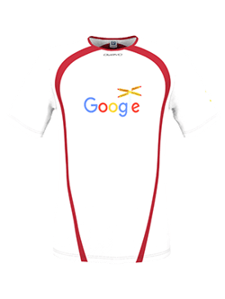 A white short-sleeved running shirt with red accents and the Google logo on the chest.