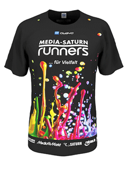 A black short-sleeved T-shirt featuring a colorful paint splatter design and the text 'MEDIA-SATURN runners ... for diversity' along with the owayo logo.