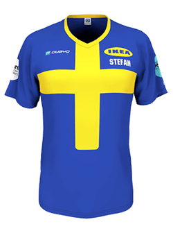 A blue sports jersey featuring a yellow cross resembling the Swedish flag, with the name 'STEFAN' and the IKEA logo on the chest.