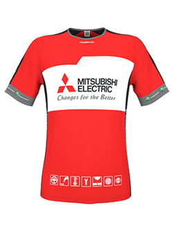 A red, short-sleeved running shirt with a white stripe across the chest featuring the Mitsubishi Electric logo and the slogan 'Changes for the Better', and an owayo logo on the collar.