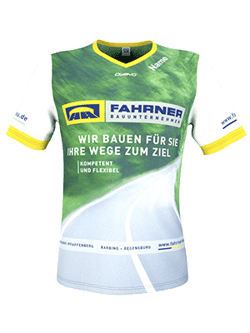 Een groen-wit, korte mouwen hardloopshirt van owayo met gele accenten en het logo van Fahrner Baugemeinschaft.