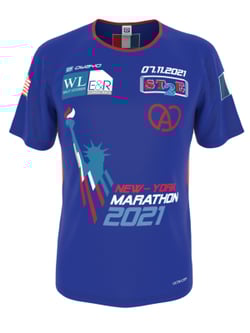 A green and white short-sleeved running jersey from owayo with yellow accents and the Fahrner Baugemeinschaft logo.