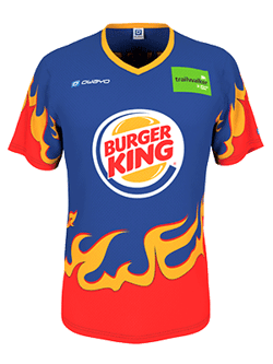 A blue and red running jersey by owayo featuring flame patterns and the Burger King logo.
