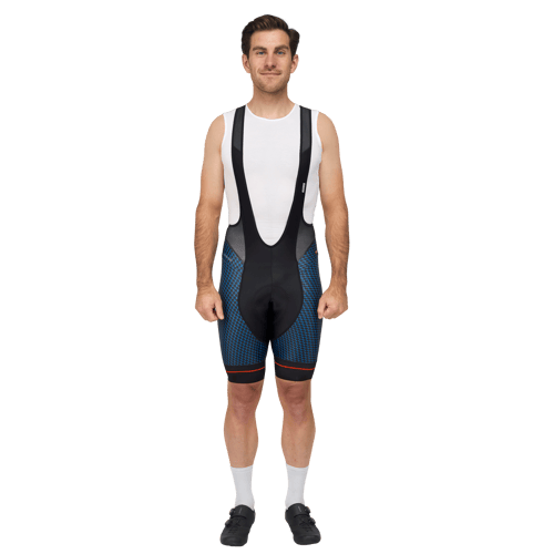 A man in a front view wearing a customized athletic cycling bib short with a blue pattern and black straps from owayo.
